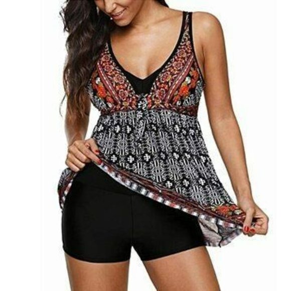 rosewe Swim One Pc Black And Orange Bathing Suit With Back Peekaboo